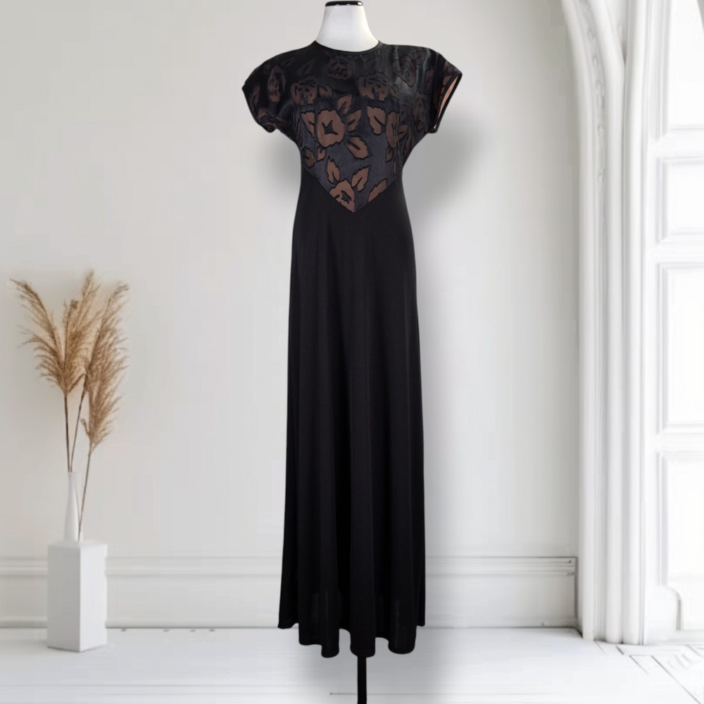 Vintage Black Floral Burnout Maxi Dress Sheer Yoke Cap Sleeve Formal Gown 8